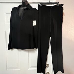 NWT VTG 90’s Black 2 Pc Set Relaxed V Neck Tunic Top Stretch Lounge Pantsuit S